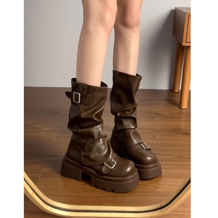 棕色百搭厚底增高马丁靴女2025年新款春秋冬季复古美拉德中筒靴子