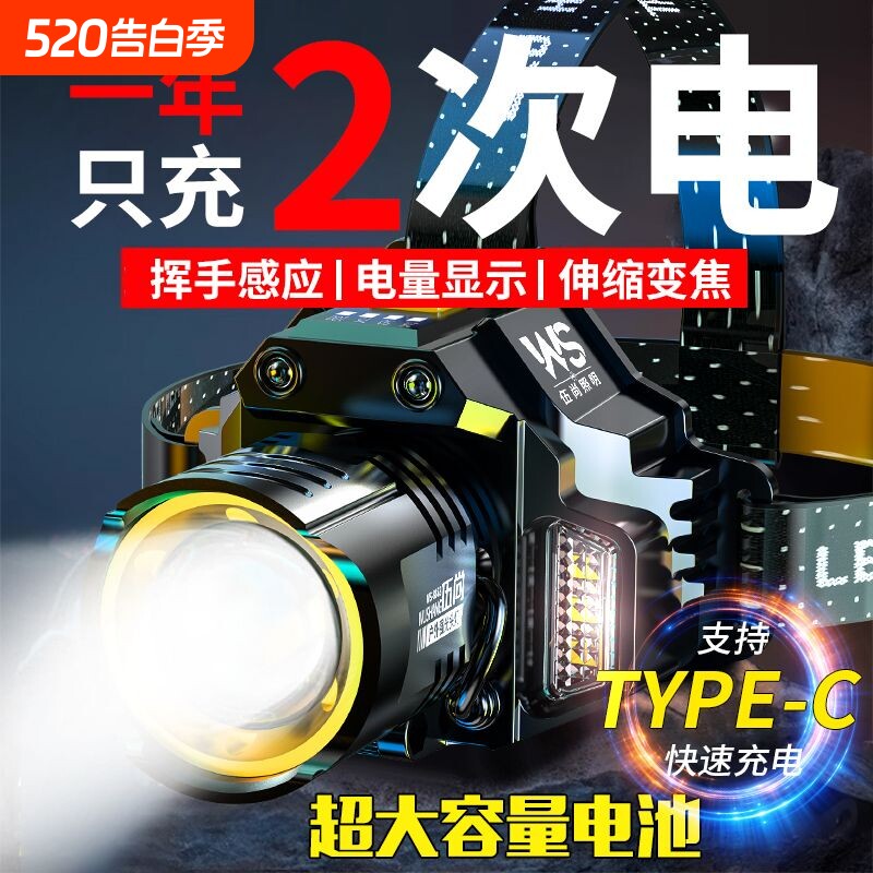 感应头灯强光充电超亮夜钓鱼灯头戴式电筒户外2025新款矿灯大容量