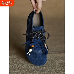 何其丑磨砂平底蓝色德训鞋女时尚休闲鞋2025新款秋季真皮女鞋单鞋