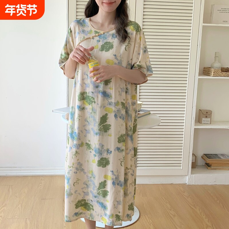 棉绸睡裙女夏新中式国风连衣裙旗袍式睡衣系龄大码长款家居服薄款