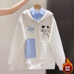 女童卫衣韩系秋冬新款中大童洋气学院风假两件连帽衫儿童刺绣上衣