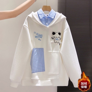 女童卫衣韩系秋冬新款中大童洋气学院风假两件连帽衫儿童刺绣上衣