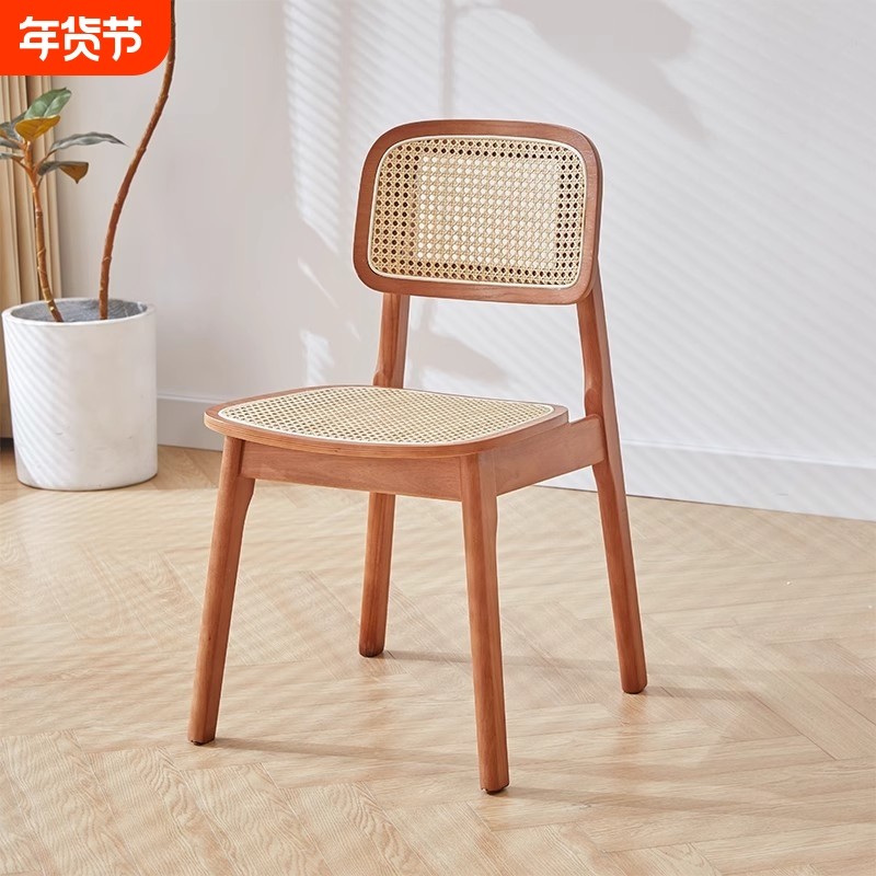 藤编实木餐椅家用休闲简约网红北欧法式餐厅中古靠背椅子软包原木