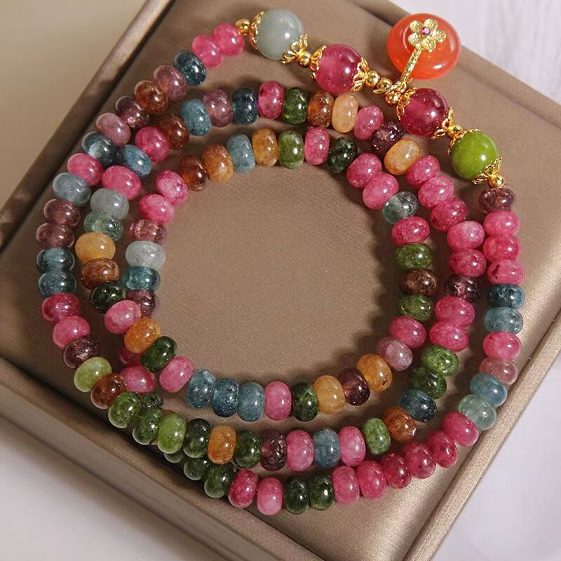 天然多彩巴西碧玺手链彩色旺夫珠子转运珠深色水晶手串女福禄