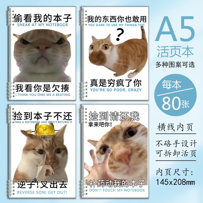 搞怪沙雕小猫表情包学生本子笔记本日记本可爱活页本横线作业本A5可拆卸线圈活页笔记本子a5高颜值简约日记本图片