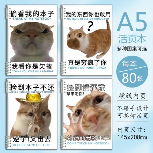 搞怪沙雕小猫表情包学生本子笔记本日记本可爱活页本横线作业本A5可拆卸线圈活页笔记本子a5高颜值简约日记本
