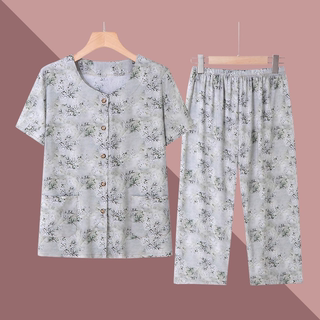 老太太夏装短袖棉绸套装奶奶纯棉居家服两件套老年人开衫女装睡衣