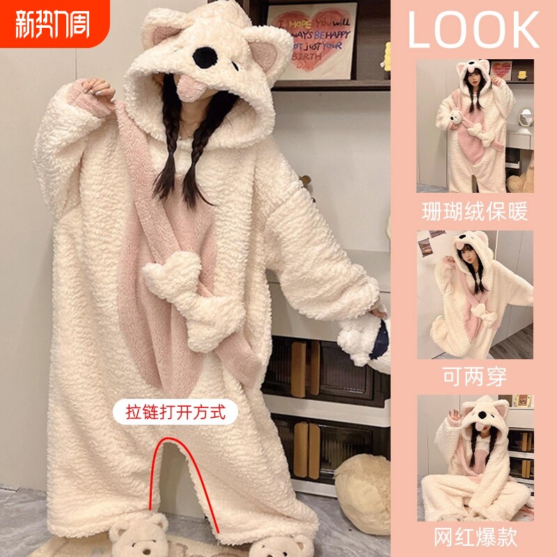 珊瑚绒睡衣女款2025新款秋冬季男士加厚可爱狗睡袍睡裙连体家居服