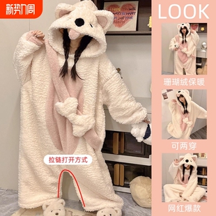 珊瑚绒睡衣女款2025新款秋冬季男士加厚可爱狗睡袍睡裙连体家居服
