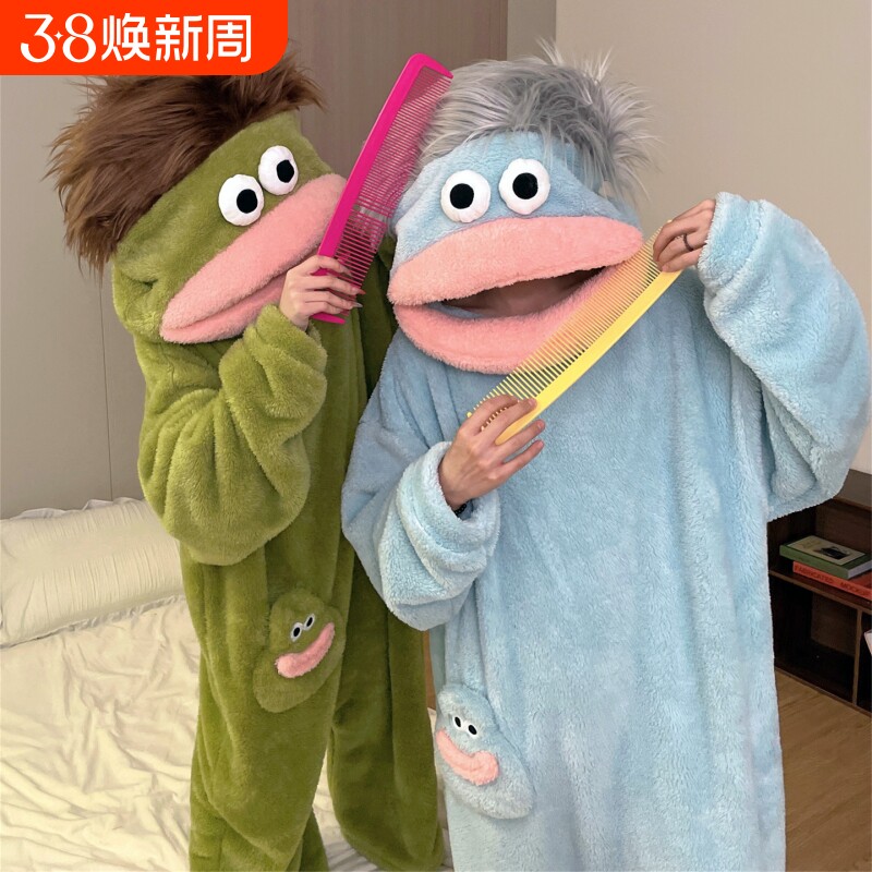 丑鱼睡衣儿童连体女款冬季珊瑚绒加厚保暖亲子搞怪抽象大嘴怪睡袍