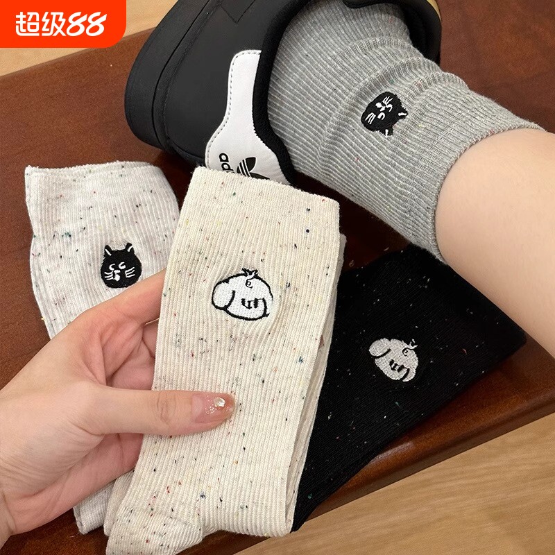 灰色袜子女款秋冬季中筒袜女士长筒袜纯色无骨卡通可爱堆堆袜长袜