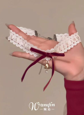 「雪橇铃迹」法式红色蝴蝶结铃铛蕾丝项链圣诞节甜美choker锁骨链
