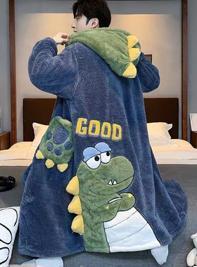 威伦缇男士睡衣秋冬珊瑚绒加厚加绒恐龙情侣长款大码睡袍绒类套装