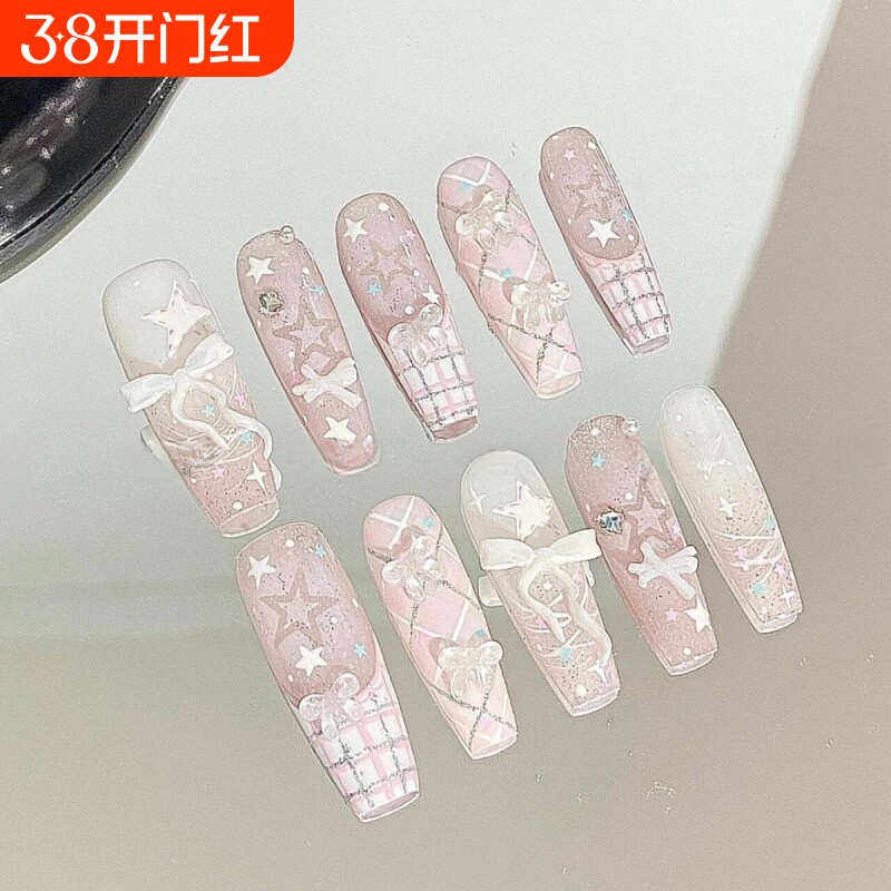 可爱少女蕾丝手工爆闪穿戴法式蝴蝶结高级可爱指甲显白可拆卸美甲