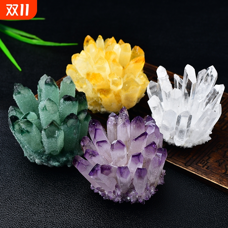 天然紫白水晶簇摆件矿石标本装饰绿水晶黄水晶绿色粉水晶蓝色白色
