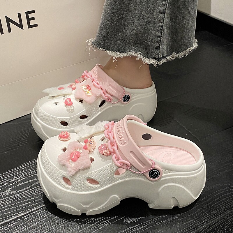 可爱风高跟洞洞鞋女夏ins潮可拆diy厚底外穿防滑时尚凉拖鞋女鞋