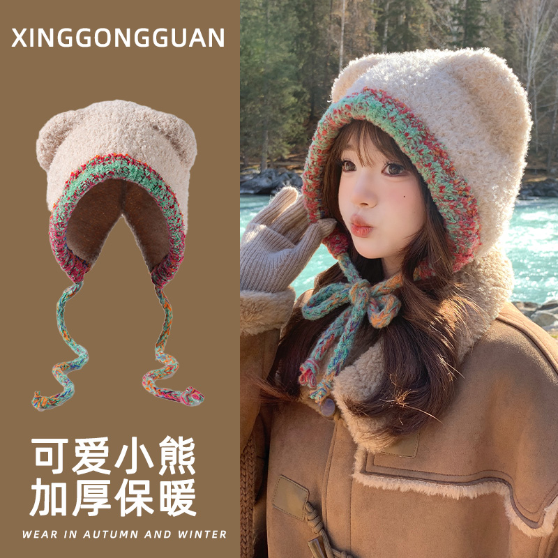 可爱针织毛线帽女2025新款秋冬季大头围保暖护耳毛绒帽子骑车防风