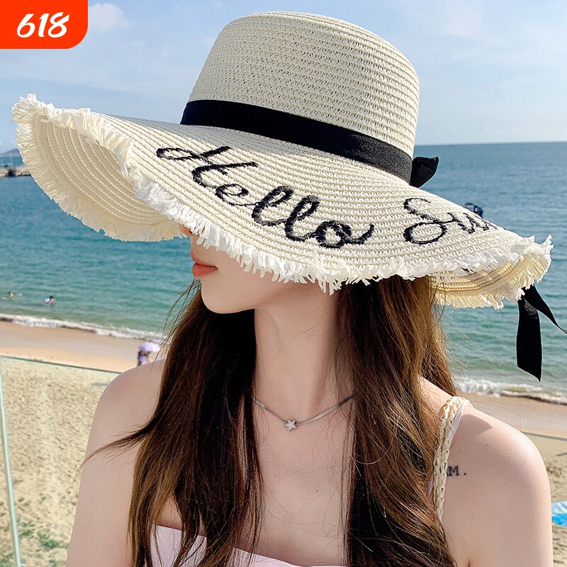 网红草帽女夏天沙滩海边出游遮阳渡假防晒大帽檐大沿凉帽太阳帽子