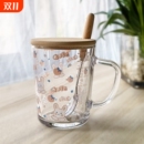 ins玻璃杯杯子卡通吸管杯勺刻度牛奶杯早餐杯情侣用微波炉便携