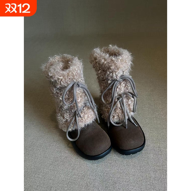 牛皮版~厚底棕色靴子加绒短靴女款冬季保暖毛毛鞋新款雪地靴中筒