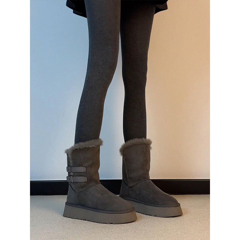 雪地靴牛皮版~真皮厚底皮带扣皮毛一体女加绒保暖毛毛鞋短靴棉靴