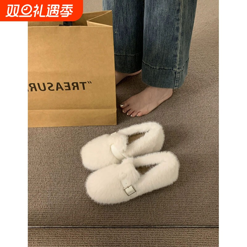 内增高毛毛鞋女外穿2025新款秋冬一脚蹬加绒豆豆鞋温柔玛丽珍棉鞋