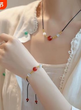 相思豆红玛瑙项链转运珠手工手链情侣编织幸运红豆手绳锁骨链套装