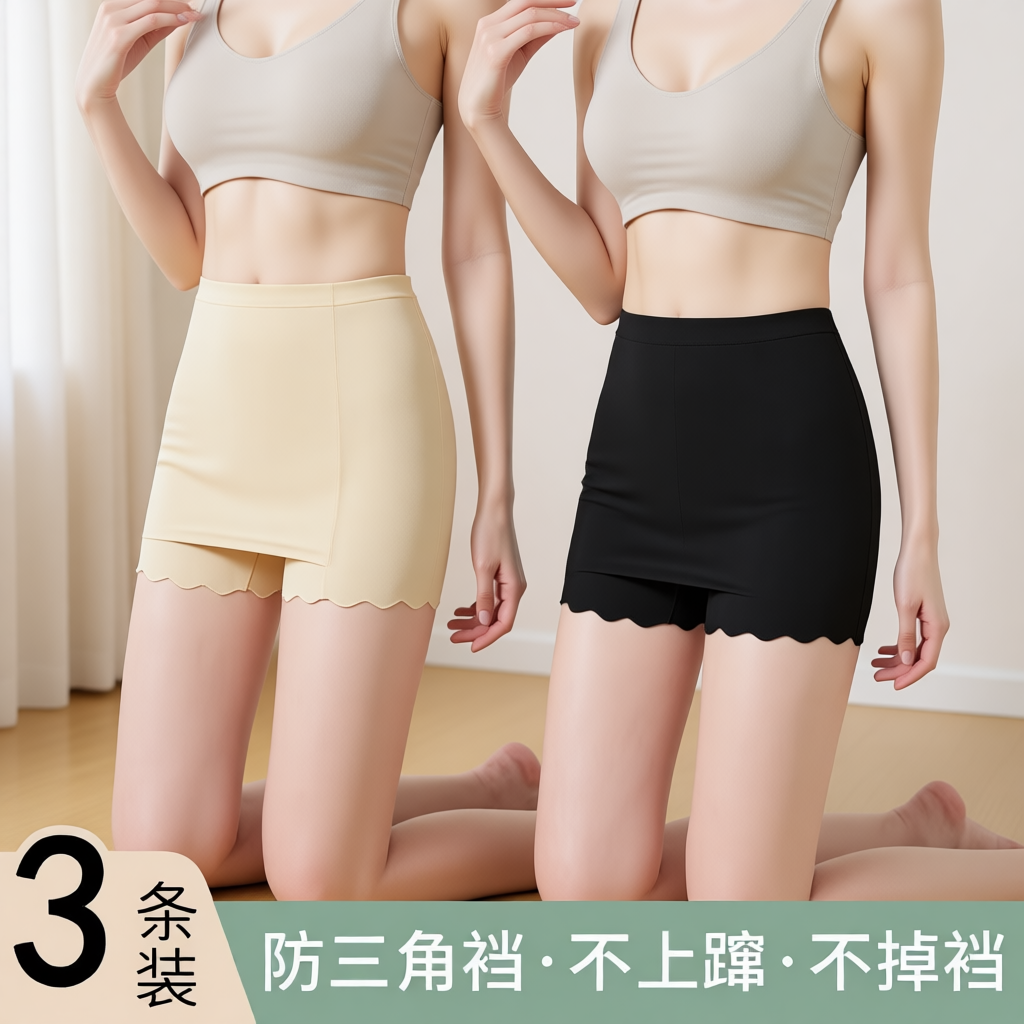 防尴尬安全裤防走光女无痕冰丝内裤二合一三角区平角打底裤神器