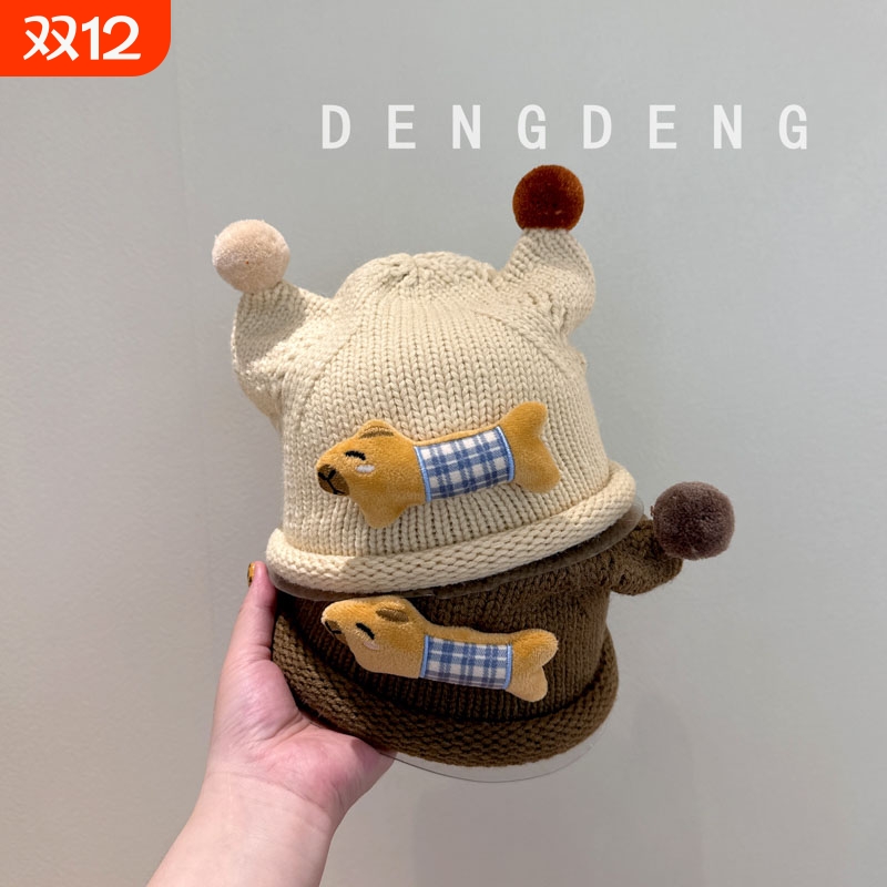 婴儿帽子秋冬款渔夫帽灯芯绒纯色小熊防风加厚韩版女宝宝帽潮护耳
