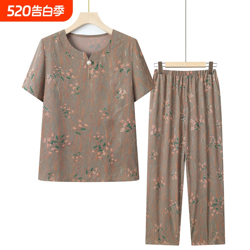 中老年人夏装夏款套装女妈妈装冰丝两件套奶奶装短袖老人衣服薄款