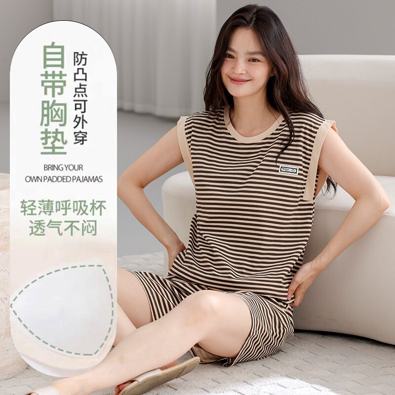 睡衣女夏季新款自带胸垫坎肩短裤夏天薄款条纹无袖大码家居服套装图片