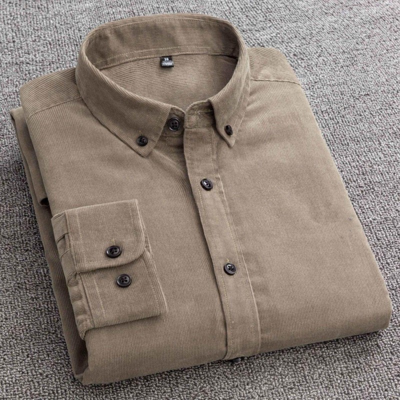 秋冬100%纯棉灯芯绒衬衫男士长袖休闲衬衣青年中年大码爸爸装内搭