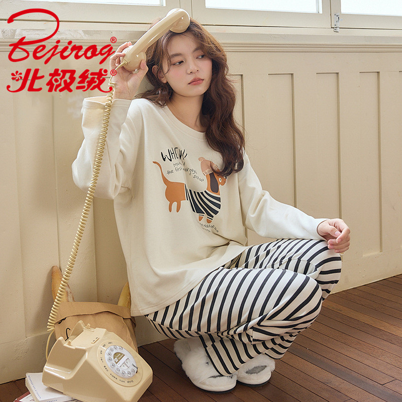 北极绒德绒国潮宽松睡衣t恤女生2025新款腊肠狗休闲圆领ins羊毛