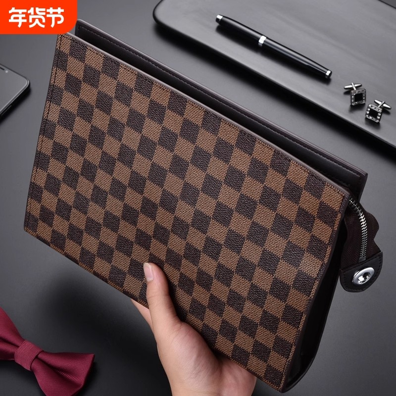 大容量手包男信封包手抓包软皮商务手拿包男款高档潮格纹办公包