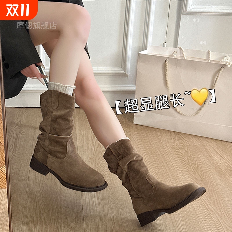 中筒靴子女2025新款秋西部牛仔堆堆靴勃肯短靴马丁靴黑色磨砂粗跟