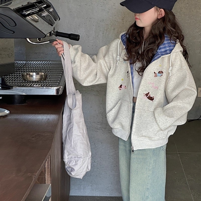 女童加绒外套2025新款洋气初中生女孩开衫卫衣时髦儿童秋冬棒球服