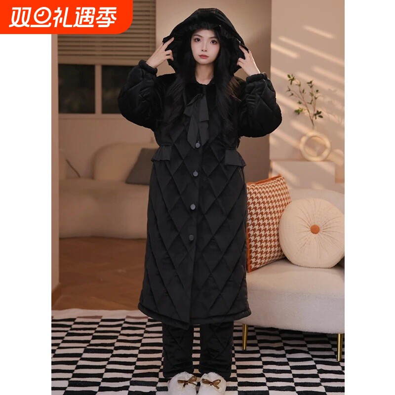 睡衣女款冬季2025新款珊瑚绒加厚三层夹棉睡袍女士保暖家居服舒适