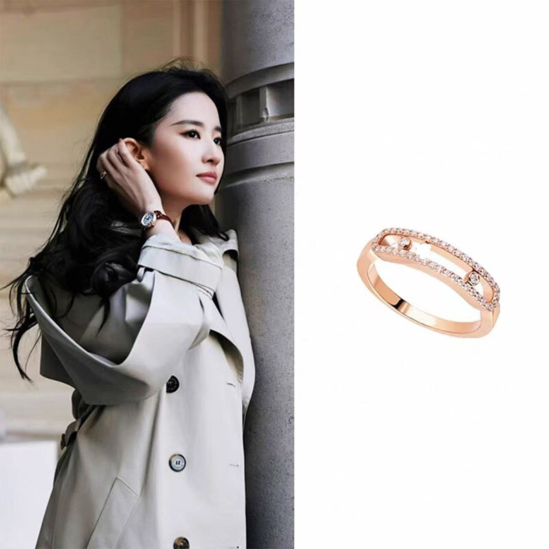 刘亦菲同款三钻滑动戒指女精工镀18k玫瑰金小众高级感黄金刻字图片