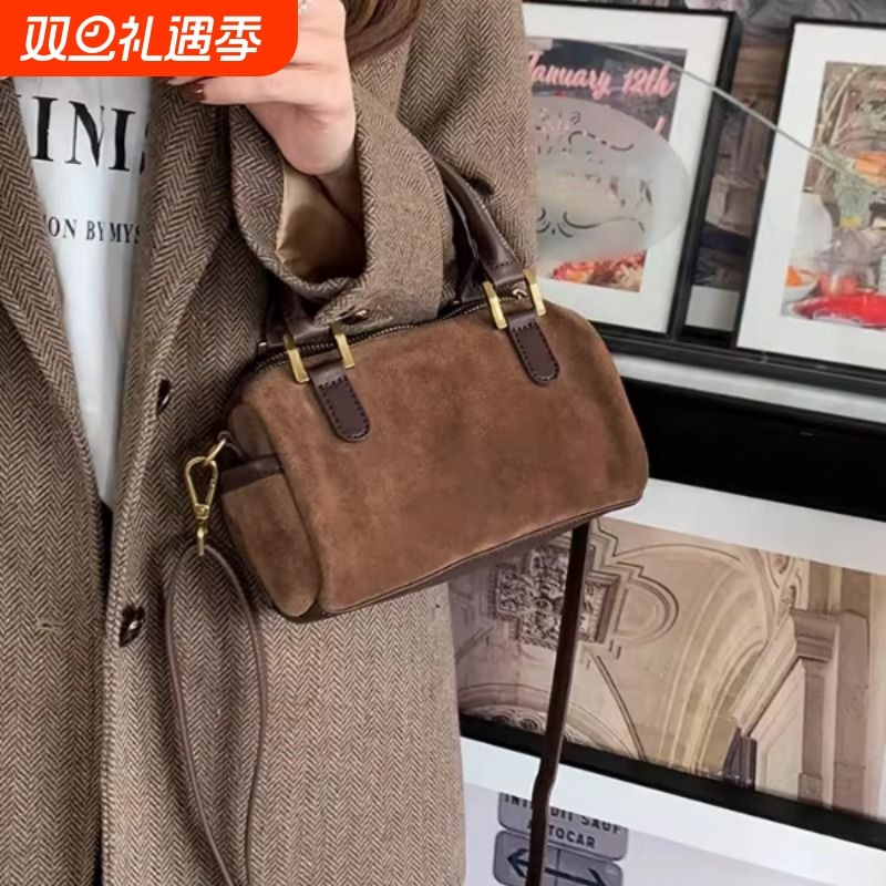 韩版秋冬新款复古绒面百搭单肩斜跨小包包枕头包波士顿手提女包潮