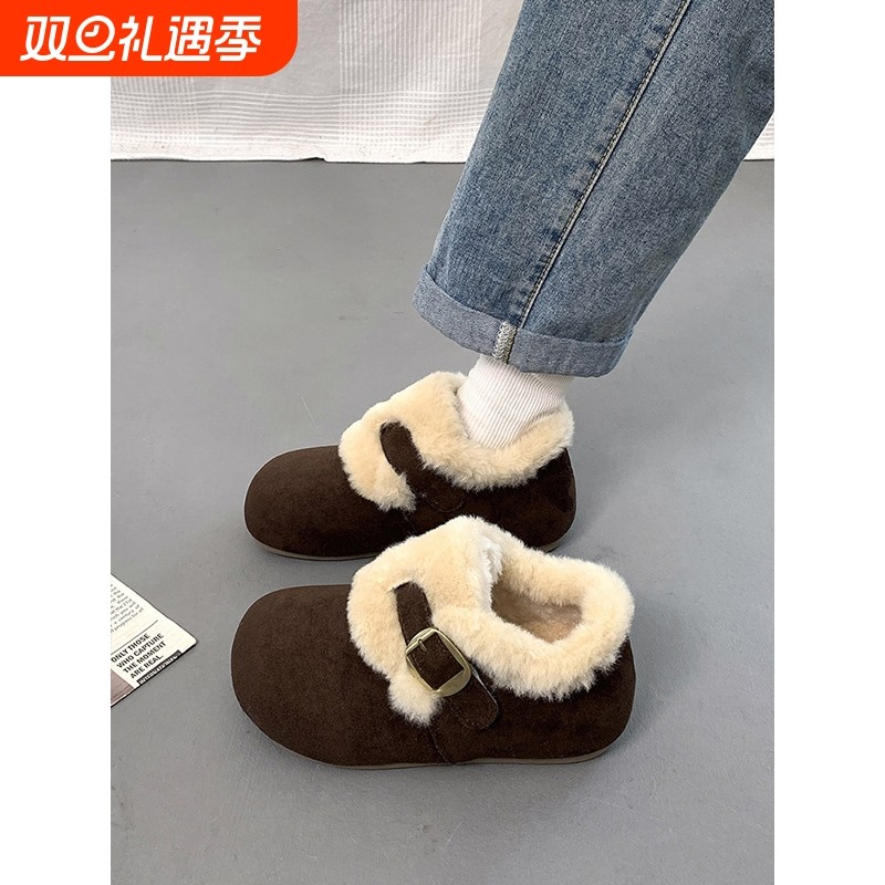 加绒勃肯鞋女2025年冬季新款皮毛一体防滑雪地靴复古厚底保暖棉鞋