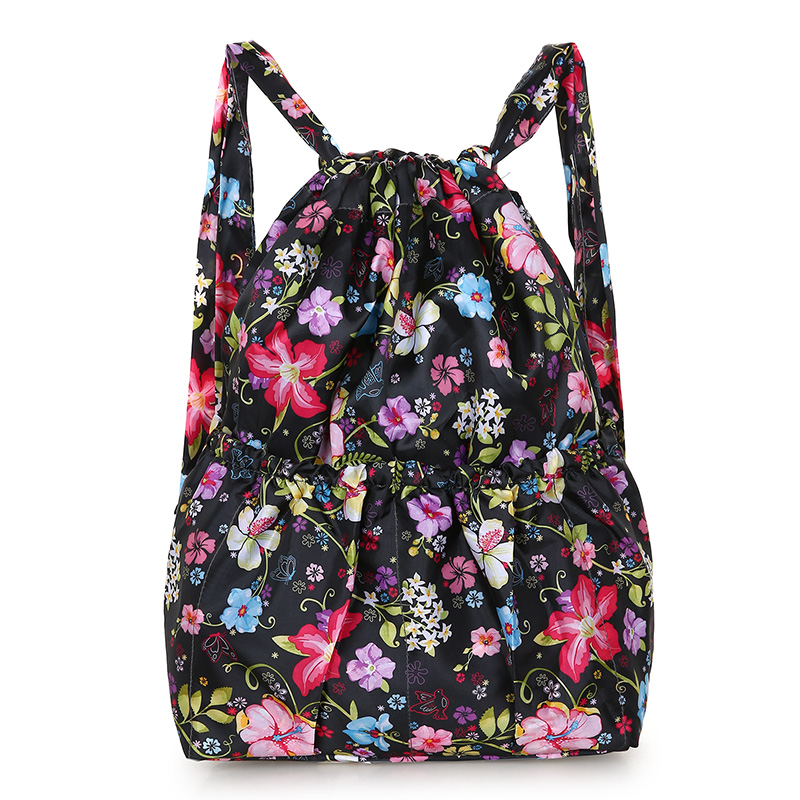 日韩新款尼龙防水印花时尚双肩包旅行背包户外健身抽带购物包女包