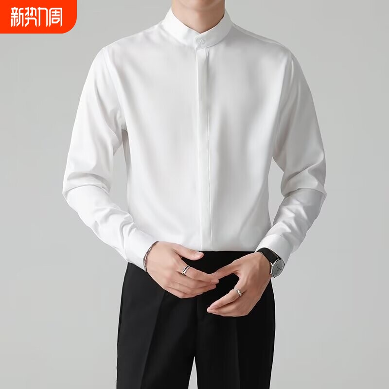 痞帅新中式立领衬衫男长袖春秋季休闲宽松衬衣纯色白色黑色流行