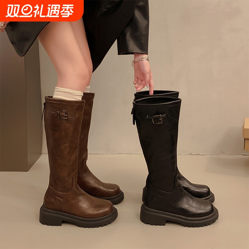 美拉德西部牛仔骑士靴显瘦秋冬季新款粗厚底皮带扣长筒靴子女高筒