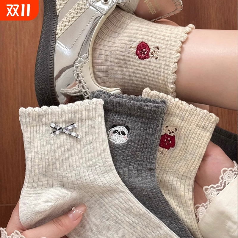可爱蝴蝶结袜子女春秋季花边短袜防臭纯色棉袜2025新款爆款中筒袜