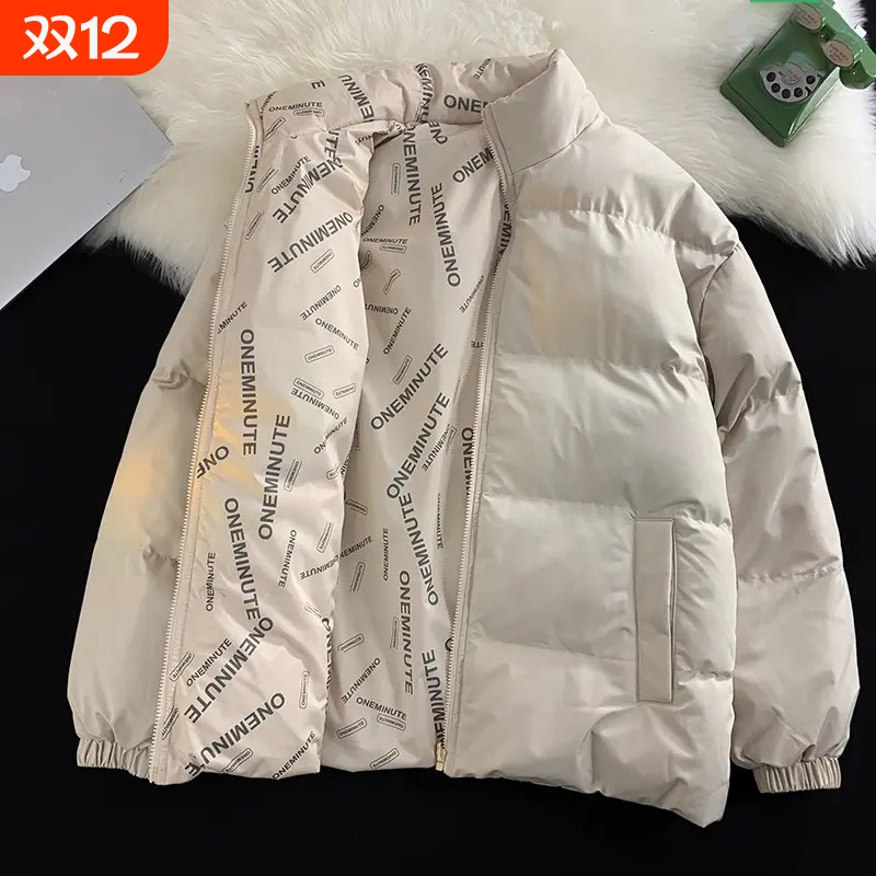 冬季宽松立领米白双面可穿字母印花加厚保暖潮流休闲棉服内胆黑色