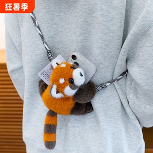 正版大小熊猫卡通手机背夹挂绳毛绒水獭玩偶挂件壳斜挎链条可背带