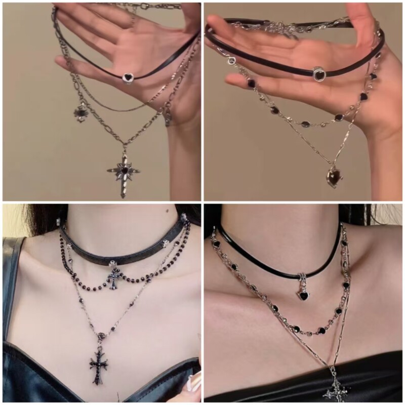 镶钻皮革玻璃珠十字架吊坠项链轻奢高级感锁骨链小众饰品多层黑色