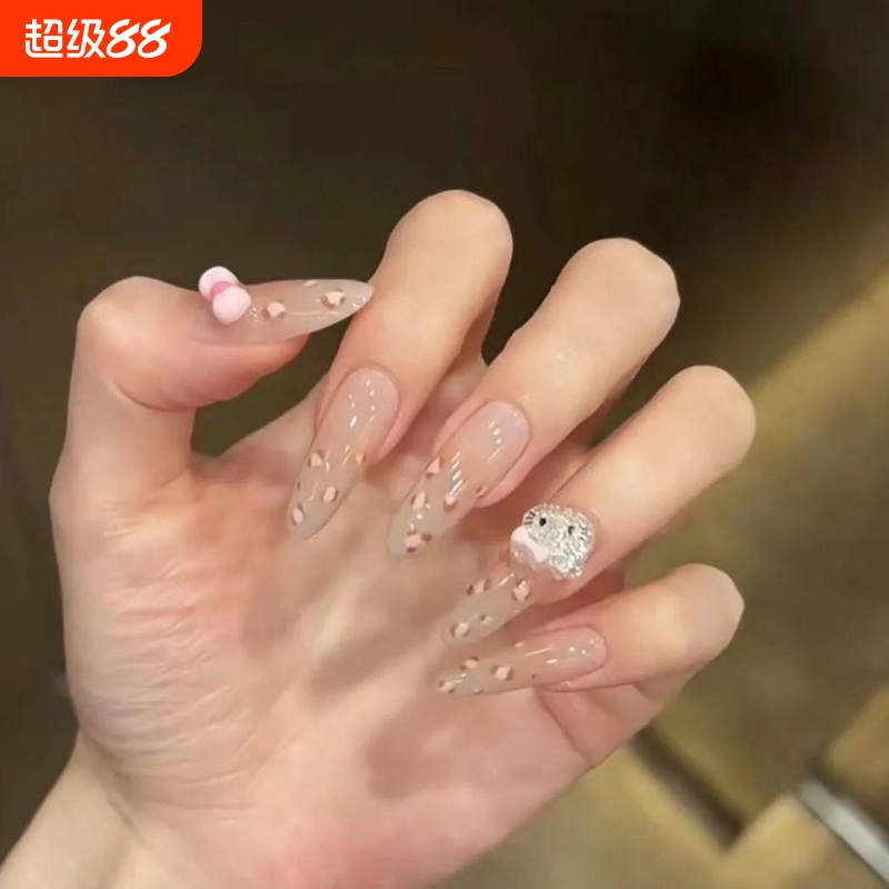 粉豹纹kitty半手工穿戴甲猫咪可爱美甲豹纹长款气质高级轻奢椭圆