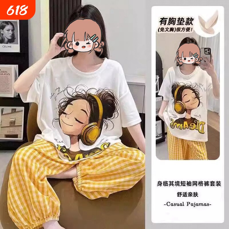 带胸垫睡衣女款2026新款夏季短袖长裤外穿卡通耳机女孩家居服套装