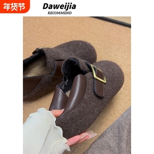 灰色勃肯鞋厚底内增高5cm两穿毛呢女冬季新款加绒保暖一脚蹬棉鞋